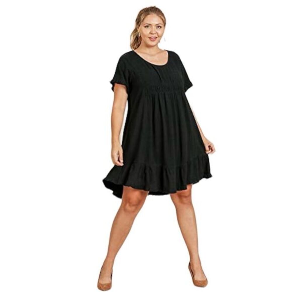 Umgee Black Ruffle Trim Dress Frayed Edges Short Sleeve Round Neck Size Large